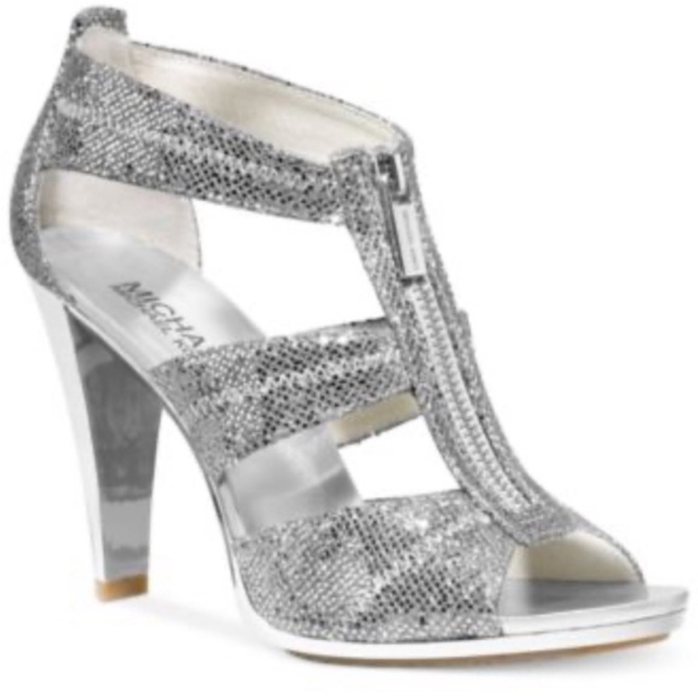 Michael Kors Berkley T-Strap sandals - silver glitter and a front zipper closure